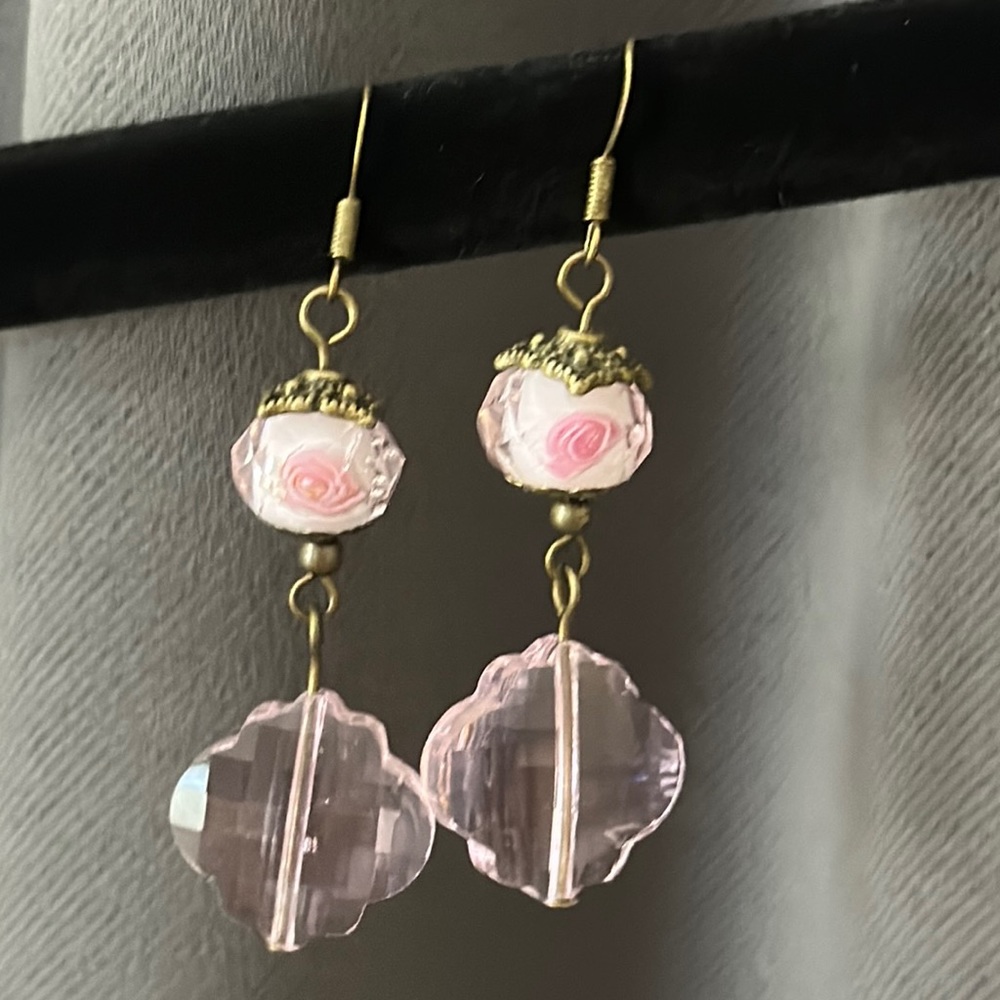 Purple Pink Floral Glass Bead Dangle French Hook Earrings